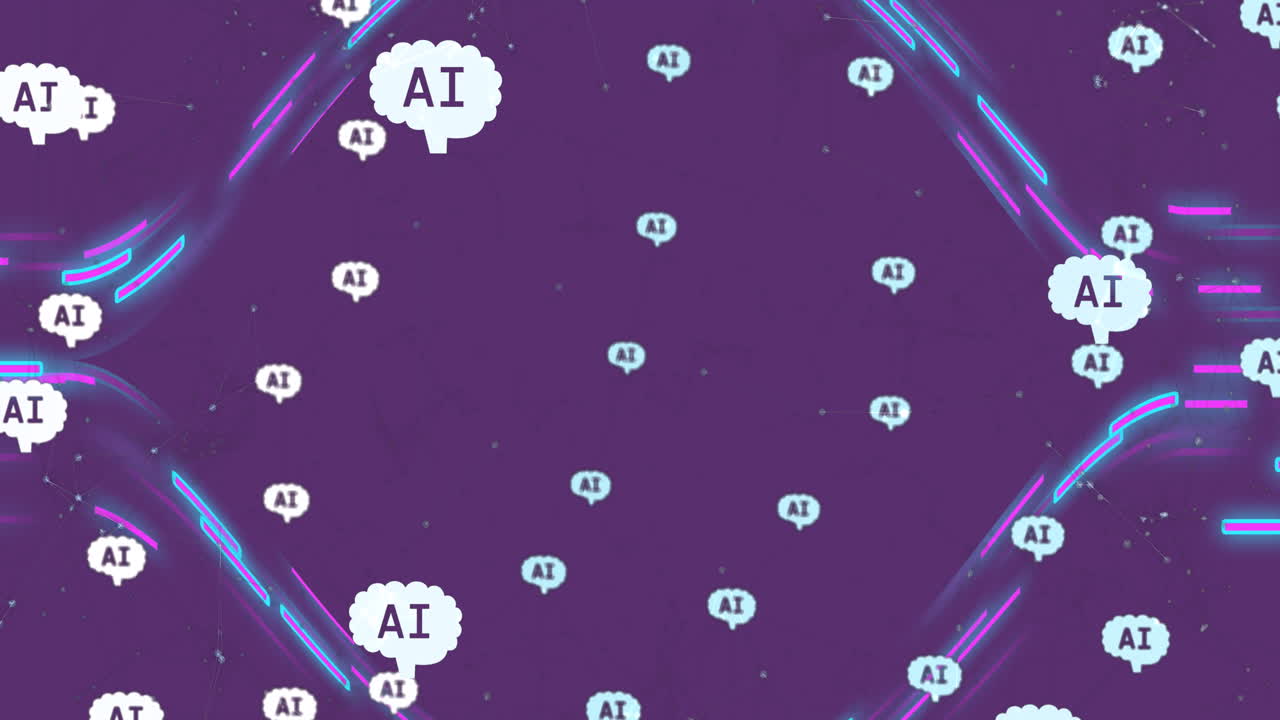 Animation of ai data processing, text with icons and network of connections on trails