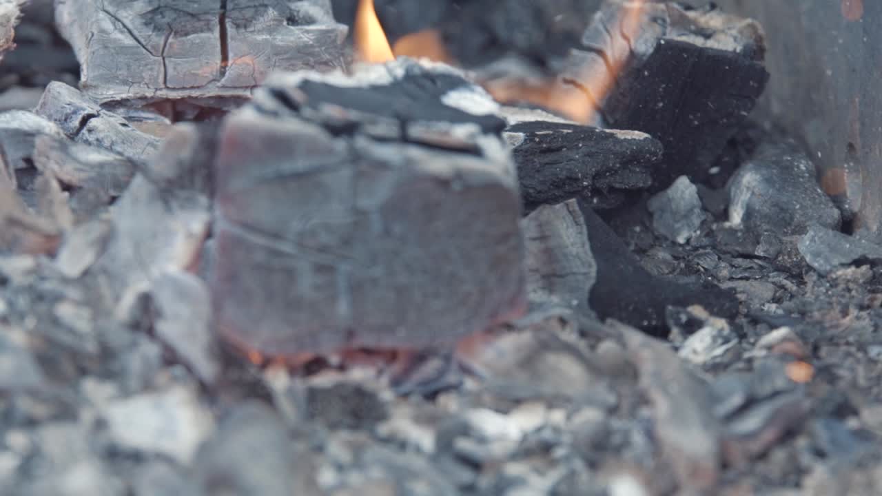 불타는 불꽃과 나무 석탄의 근접