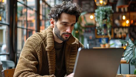 hombre trabajando en una computadora portátil en un café