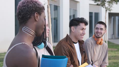 Diverse classmates talking in university yard