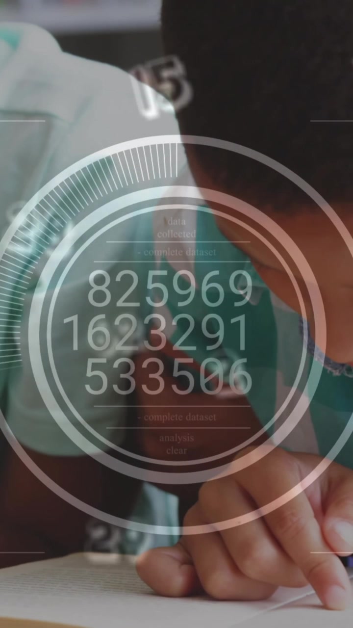 Animation of changing numbers in circles and symbols over diverse children studying in classroom