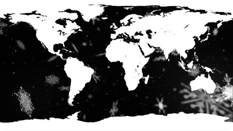 mapa del mundo contra el fondo de copos de nieve