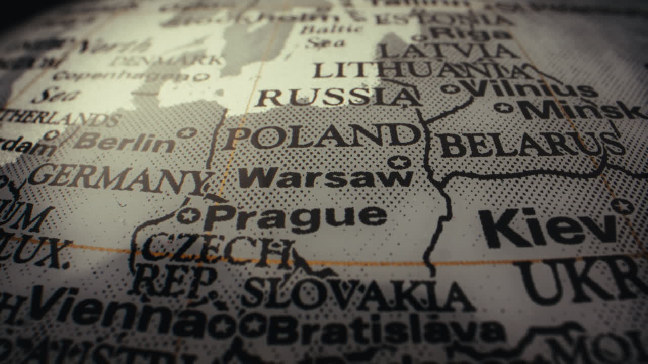 Close-up of a World Map Focusing on Central Europe