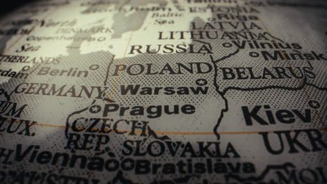 close-up of a world map focusing on central europe