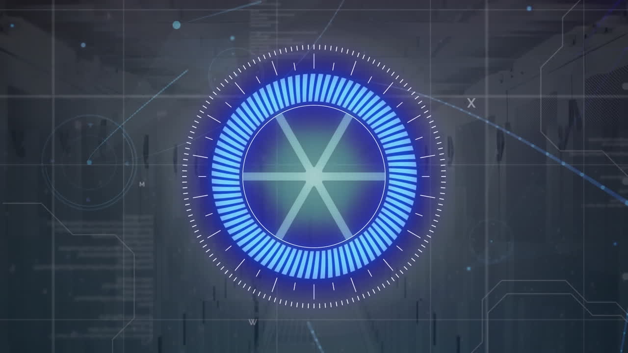 Animation of neon round scanner and data processing against computer server room