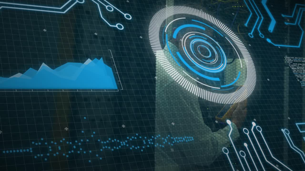 Animation of scan scoping over caucasian male server room worker