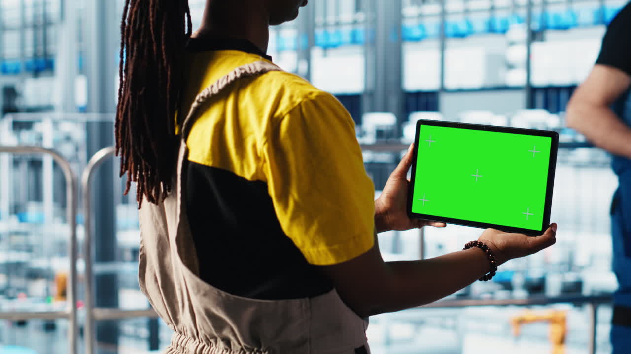 el técnico de la fábrica inteligente maneja los brazos robóticos usando un cuaderno modelo