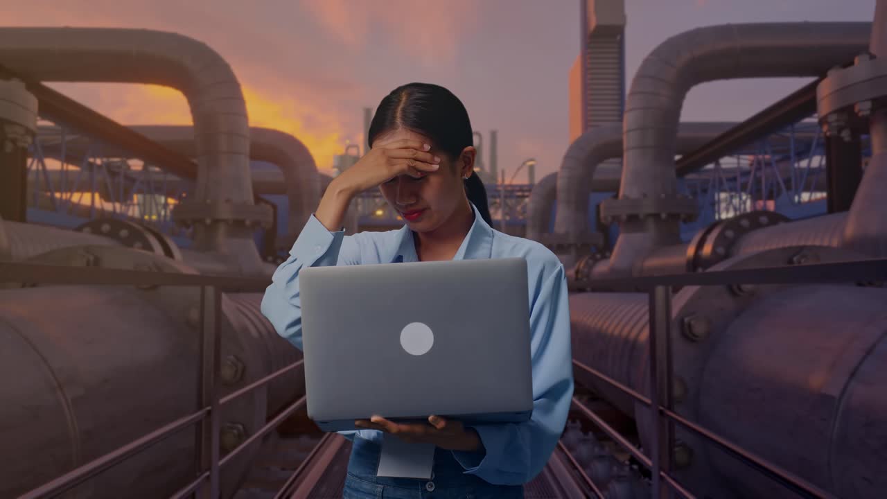 Asian Female With Her Laptop, Industrial Pipeline Network at Sunset, She Is Nodding Her Shead With Dissapionted