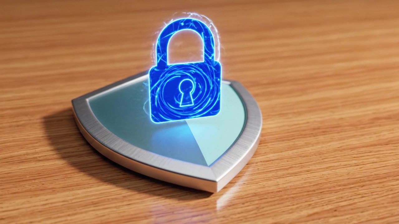A modern digital shield representing cybersecurity, featuring a stylish, reflective surface topped with an illuminated lock symbolizing protection and safety.