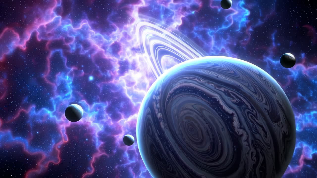 Ringed Planet and Moons in a Vibrant Nebula