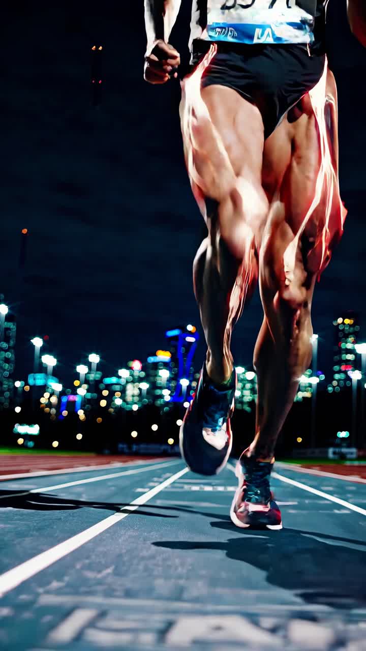 Low-angle video shot of a runner's muscular legs on a track at night, city lights in the background