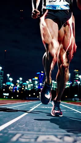 low-angle video shot of a runner's muscular legs on a track at night, city lights in the background