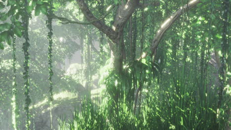 lush green jungle filled with sunlight filtering through dense foliage