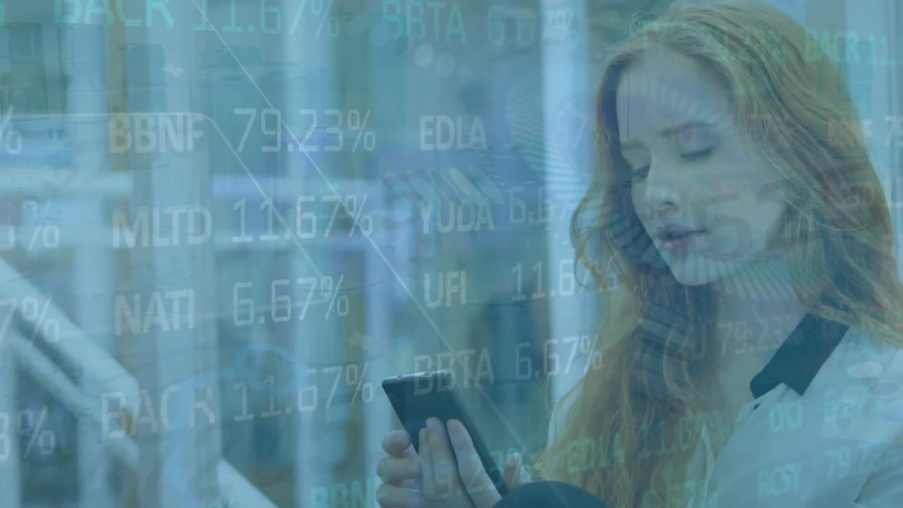 Animation of trading board, changing numbers over thoughtful caucasian woman using smartphone