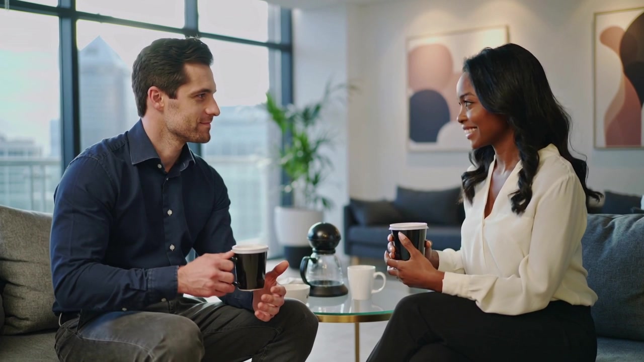Glancing male in navy shirt starting work chat while gesturing in office lounge, holding black mugs