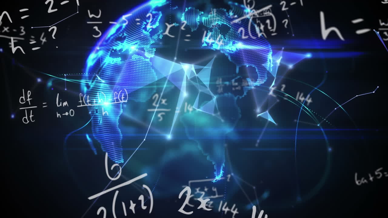 Animation of globe, networks of connections and data processing