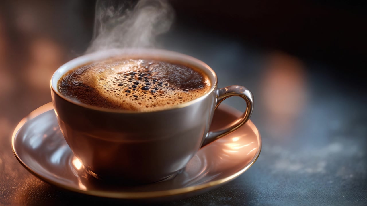 En dampende kop kaffe står elegant på et reflekterende bord, der indbyder til varme og hygge, mens aromaen fylder luften og lover en dejlig oplevelse forude.
