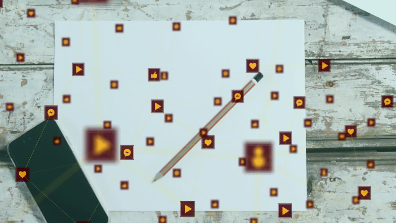 animación de iconos conectados con líneas sobre lápiz, papel, teléfono móvil, café, portátil en la mesa