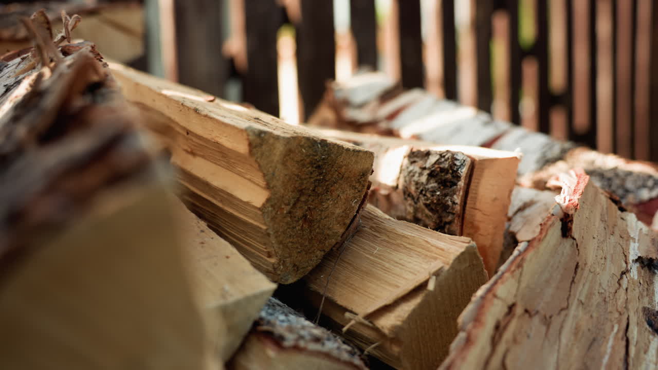 Close up of stacked firewood showing natural bark, rich grain, and rough edges in warm sunlight with soft blur background, highlighting rustic texture, chopped surface, and outdoor woodland setting