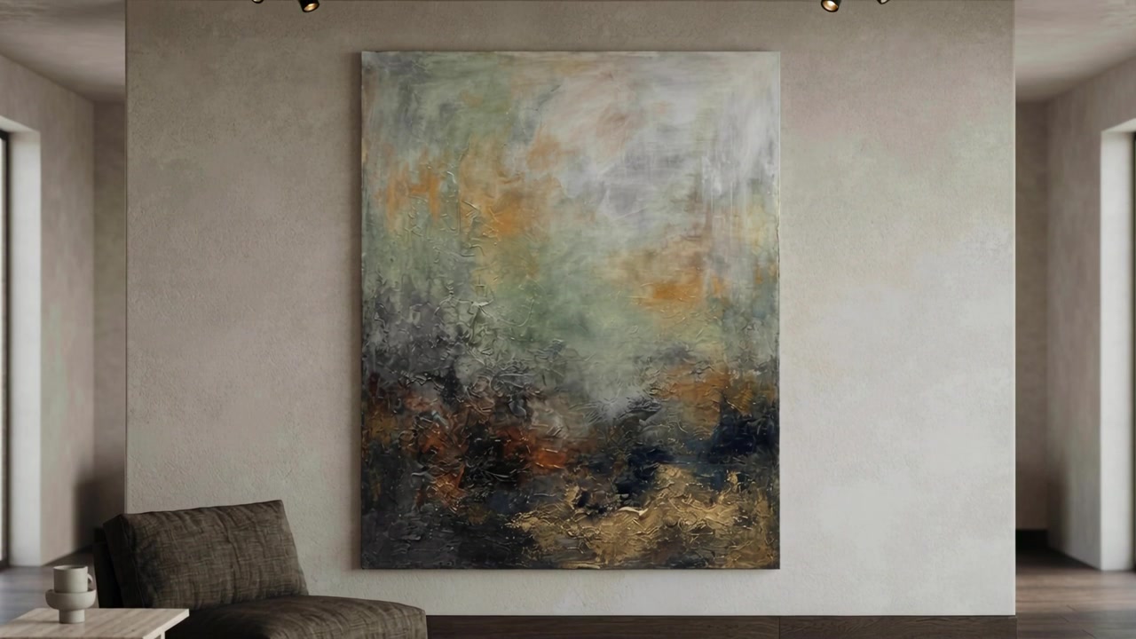 Panoramatická kamera na začátku odhaluje obraz na stěně galerie, ukazuje světla, lenošku a stůl.