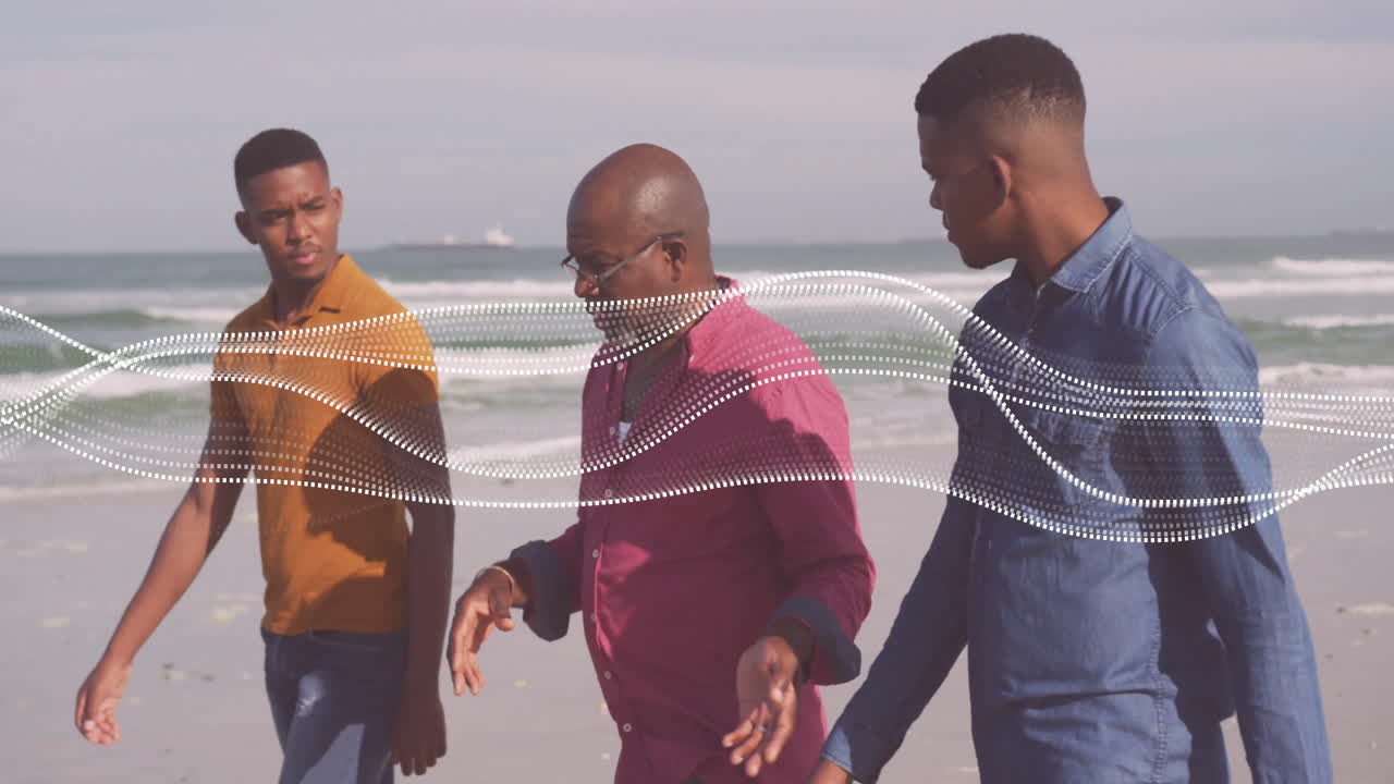three men walking along beach, promoting health with floating heart icon and step count graph