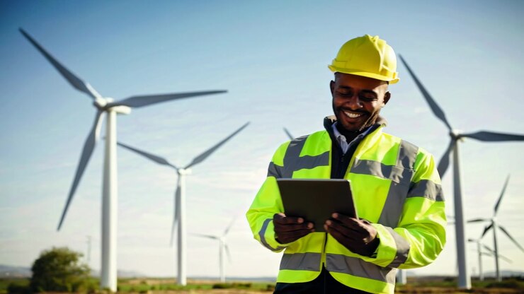 Engineer Using Tablet at Wind Farm with Turbine Infrastructure