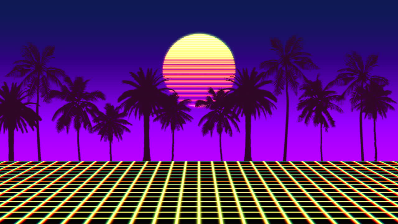 vibrantes palmeras al atardecer en el fondo de estilo retro de los años 80 con patrón de cuadrícula