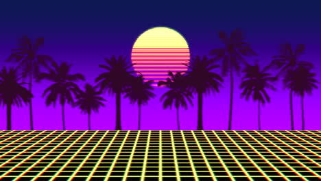 vibrant sunset palm trees in retro 80s style background with grid pattern