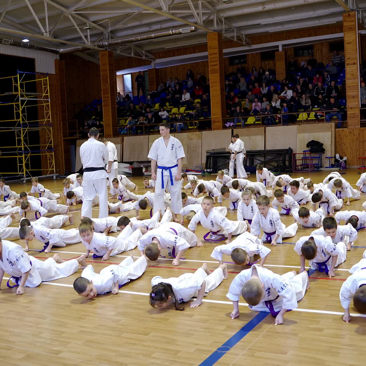 Young karate athletes doing push-ups in the huge gym. Coaches watch the sportsmen performing exercise. Spectators at the background