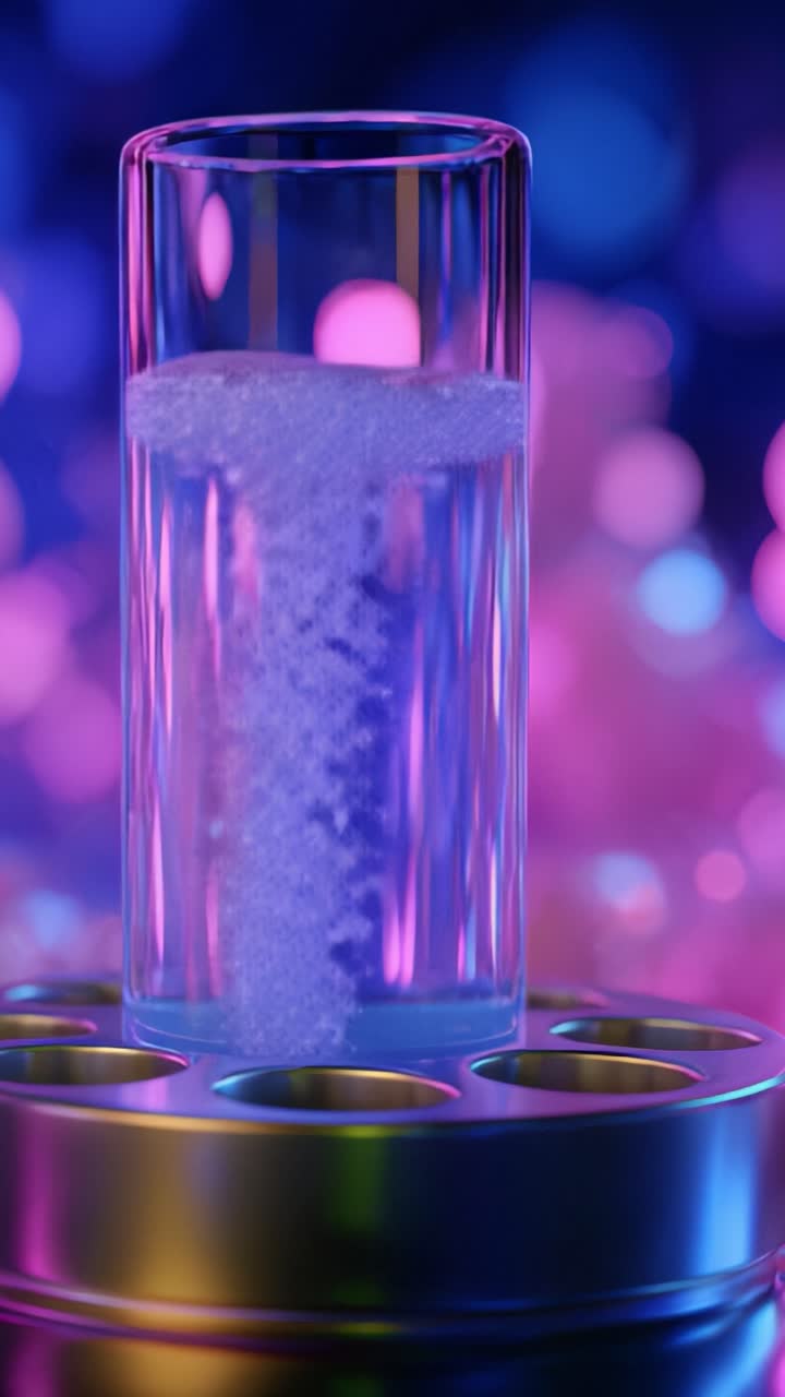 Un bicchiere ipnotizzante pieno di bollicine effervescenti, illuminato da luci vivaci sullo sfondo, che mostra una miscela artistica di colori e texture.