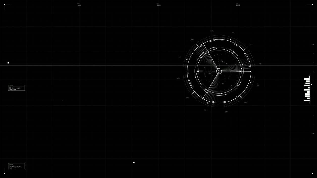 A detailed hud animation displays military graphics and data useful for modern science fiction production. This design features lines, charts, and circular elements representing various metrics