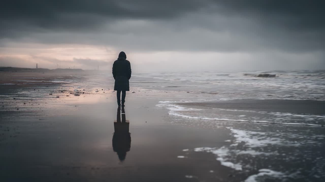 Solitary figure on a desolate beach at dusk, contemplating the turbulent waves and moody skies, capturing the essence of introspection and the power of nature's beauty