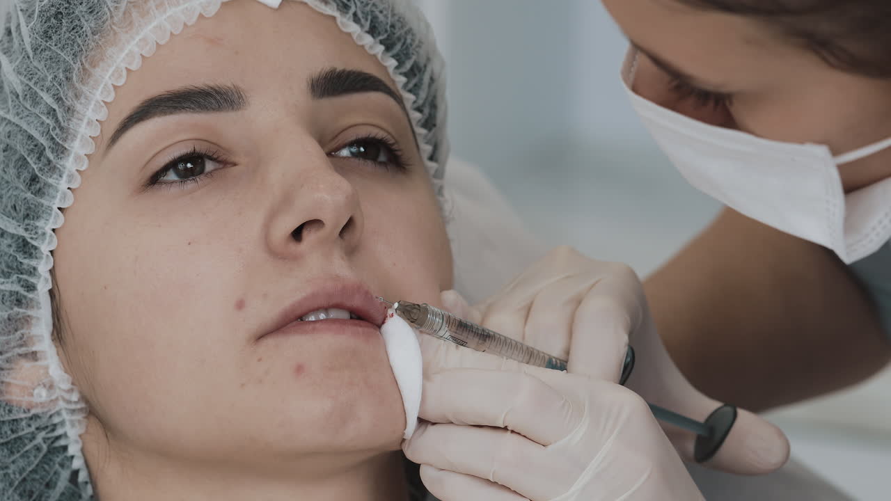 Woman receiving lip augmentation injections