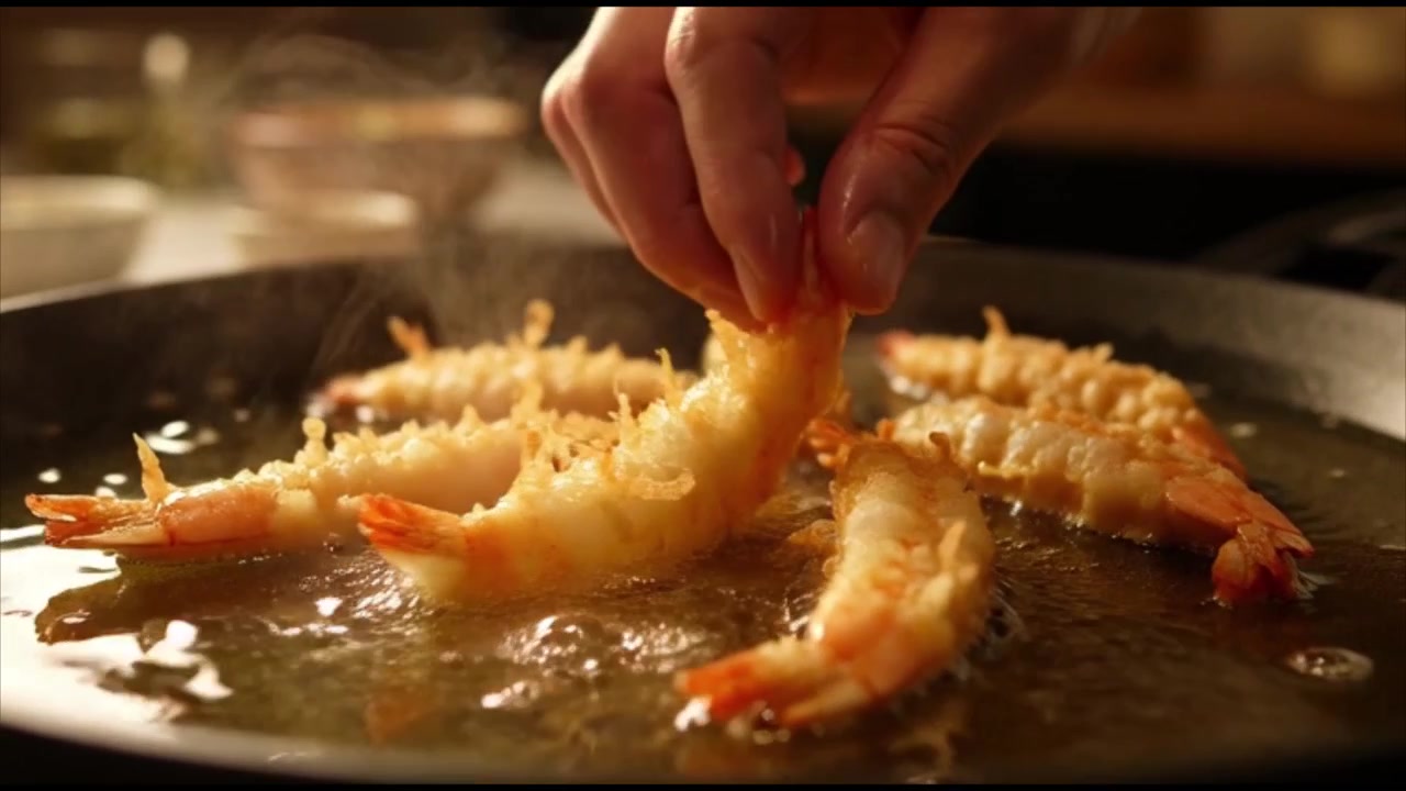 Chef Fritando Camarão Tempura Crocante em uma Frigideira Quente