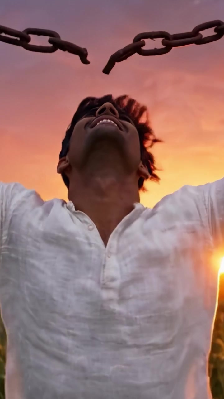 Un viaje de liberación: la conexión emocional de un joven con cadenas contra un impresionante atardecer en un campo sereno.