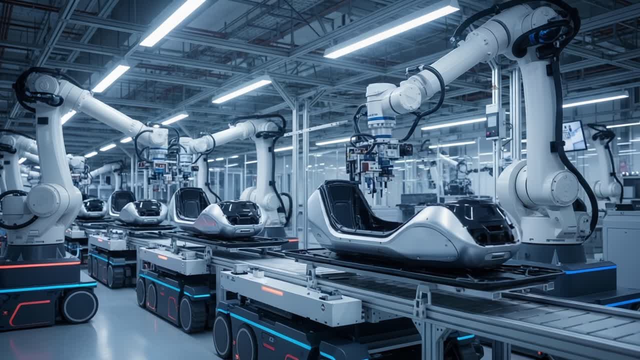 Automated Production Line Featuring Advanced Robotics in a High-Tech Manufacturing Facility Focused on the Construction of Futuristic Vehicles