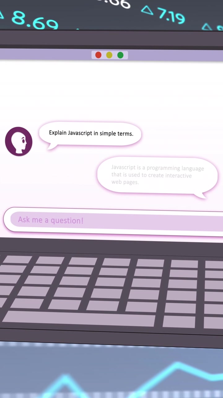 Animazione di elaborazione dati AI, chat, statistiche e icone su schermo di laptop