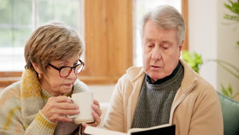 coffee, bible and senior couple in home