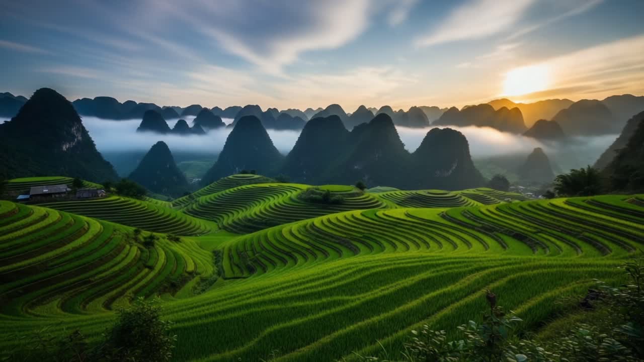 Breathtaking Sunrise over Terraced Rice Fields Surrounded by Majestic Mountains, Capturing the Essence of Nature's Beauty and Tranquility