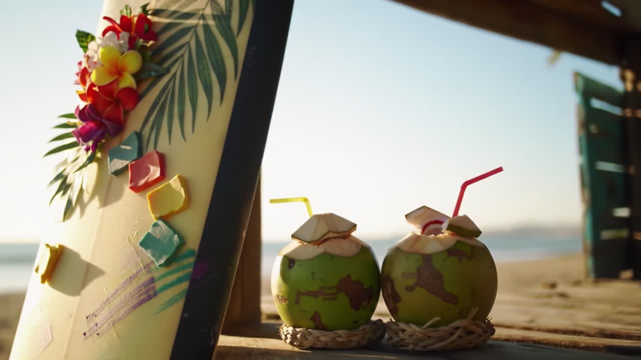 Tropical Vibes: A Relaxing Scene with a Surfboard Adorned with Flowers and Refreshing Coconut Drinks Perfect for a Summer Getaway by the Beach