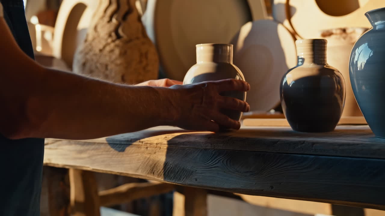 Manos colocando un jarrón de cerámica sobre una mesa de madera en un estudio de cerámica