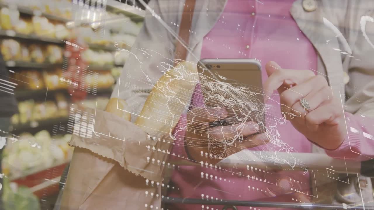 가게에서 백인 여성에 대한 이동 시계와 데이터 처리의 애니메이션