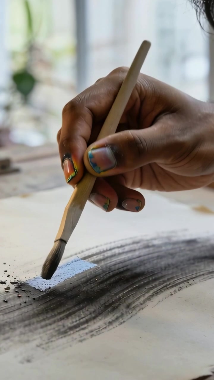 Vertical video: Dragging flat brush, artist right hand blending powder on paper by window, refining