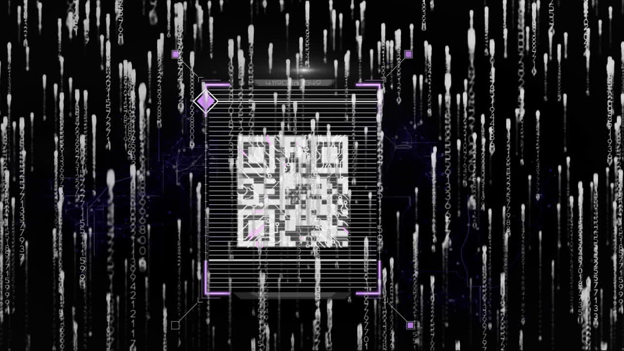 animación del código qr y el procesamiento de datos sobre fondo oscuro