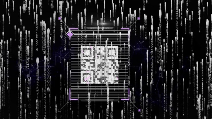 Animation eines QR-Codes und Datenverarbeitung auf dunklem Hintergrund.