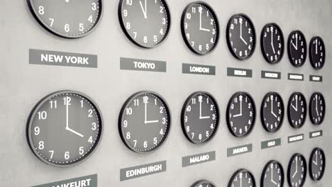 los relojes redondos muestran la hora en diferentes ciudades en una pared de hormigón blanco oscuro. símbolo de la hora media de greenwich.