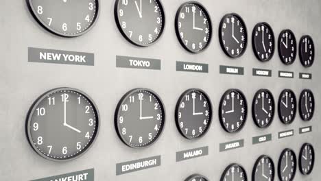 round clocks show time in different cities on white dark concrete wall. symbol for greenwich mean time.