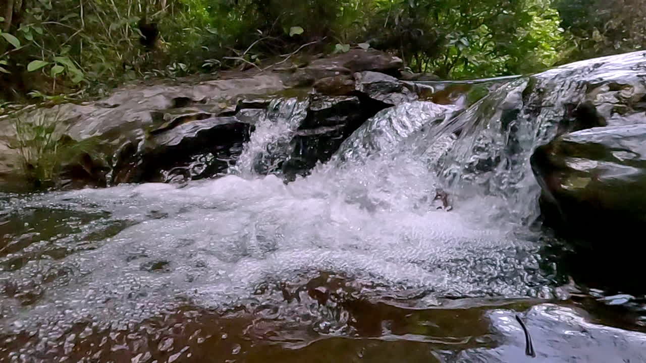 Slow motion footage of a Brazilian stream cascading over rocks in lush forest. Crystal clear water highlights the beauty and calm of untouched tropical nature.