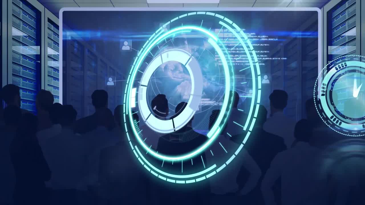 Animation of clock, scope scanning and data processing over businesspeople