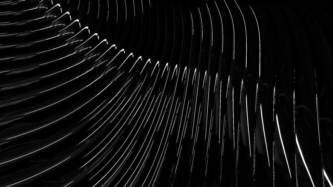 Graphic monochrome background of flowing lines in dynamic waves motion, white on black. Animation. White narrow stripes of light bending, seamless loop